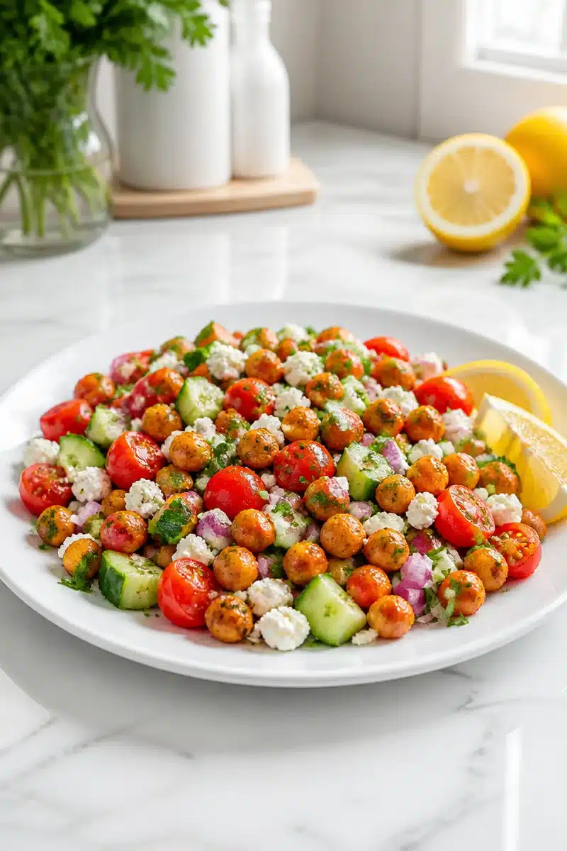 Crispy air fryer chickpea and cucumber salad in a bowl garnished with herbs
