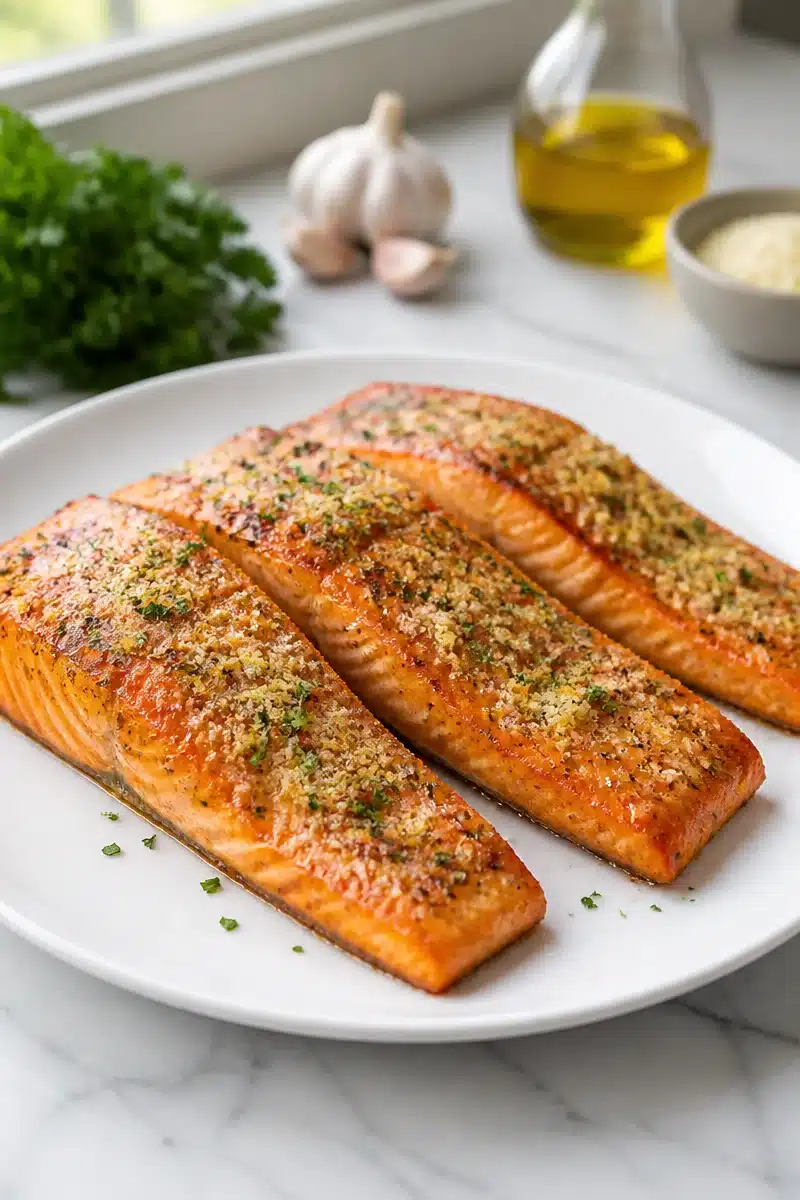 Crispy air fryer garlic parmesan salmon garnished with herbs