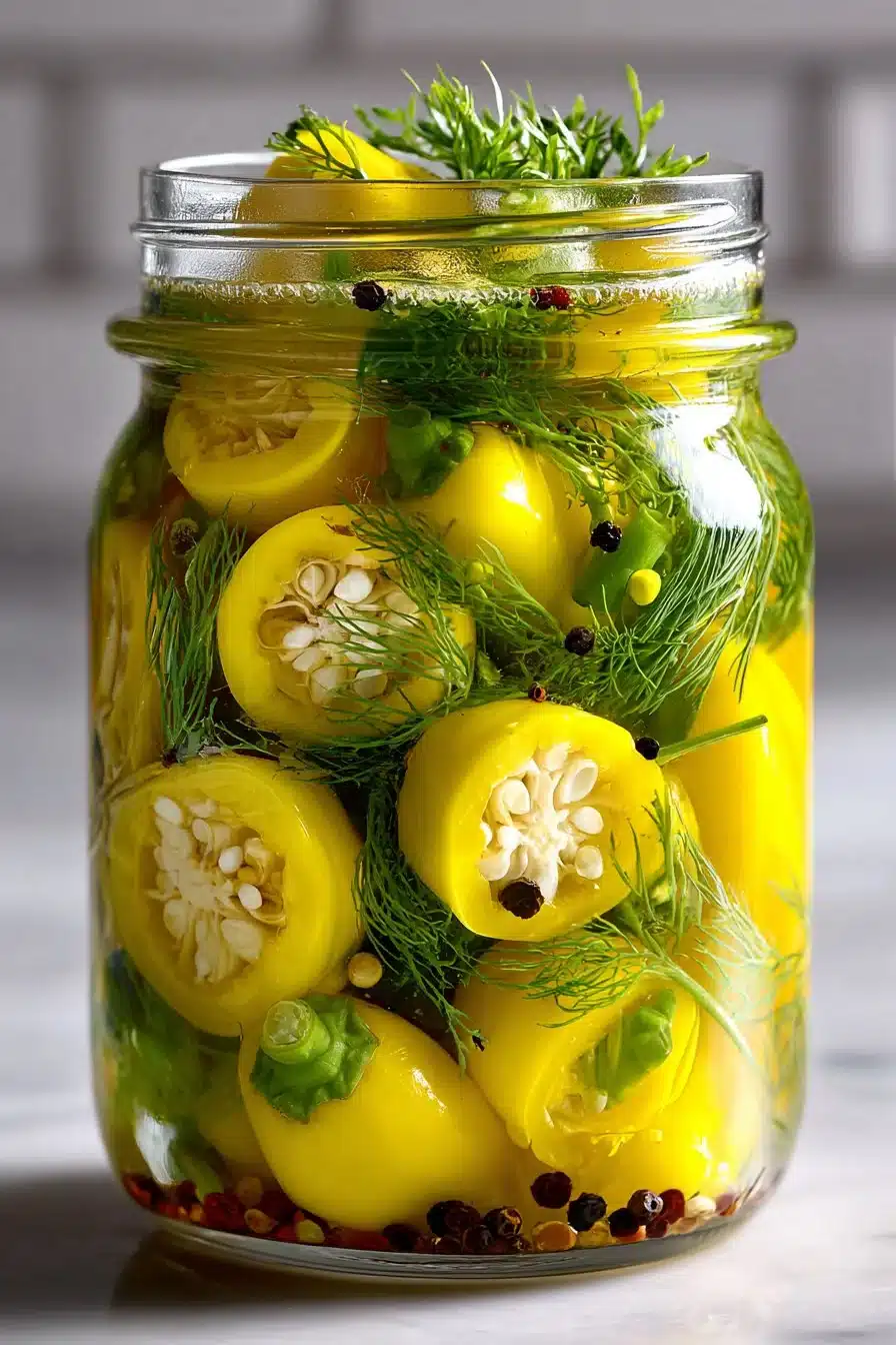 Jar of easy pickled mild banana peppers ready to serve