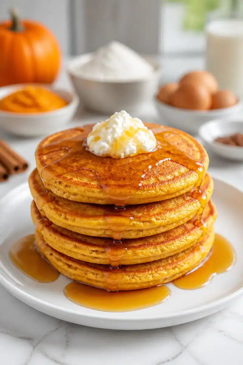 Fluffy pumpkin ricotta pancakes topped with syrup and whipped cream.
