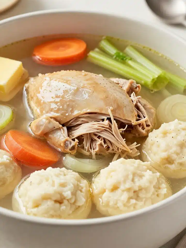 Bowl of Grandma's Chicken and Dumpling Soup garnished with herbs