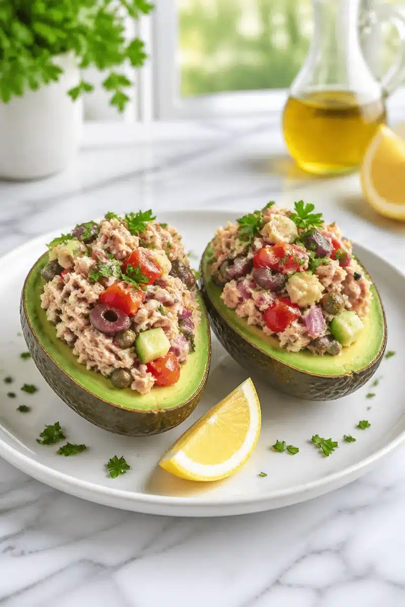 Healthy Mediterranean Tuna Salad served in avocado halves for a nutritious meal.