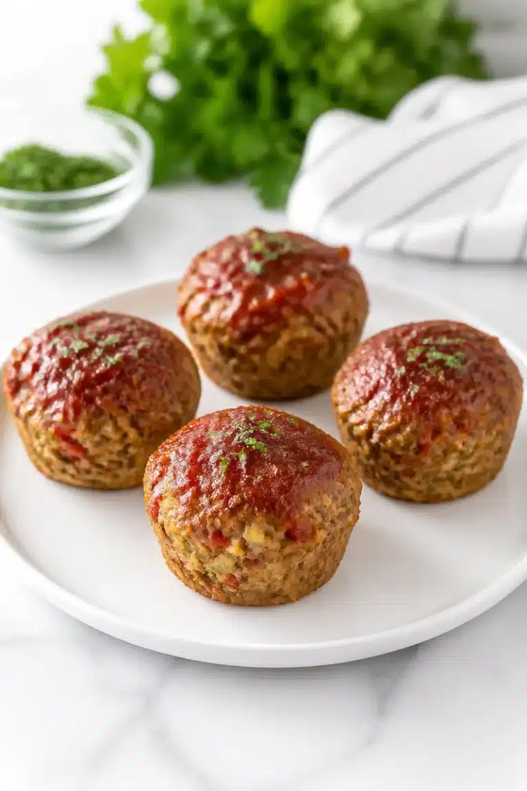 Healthy turkey meatloaf muffins served on a plate with fresh herbs