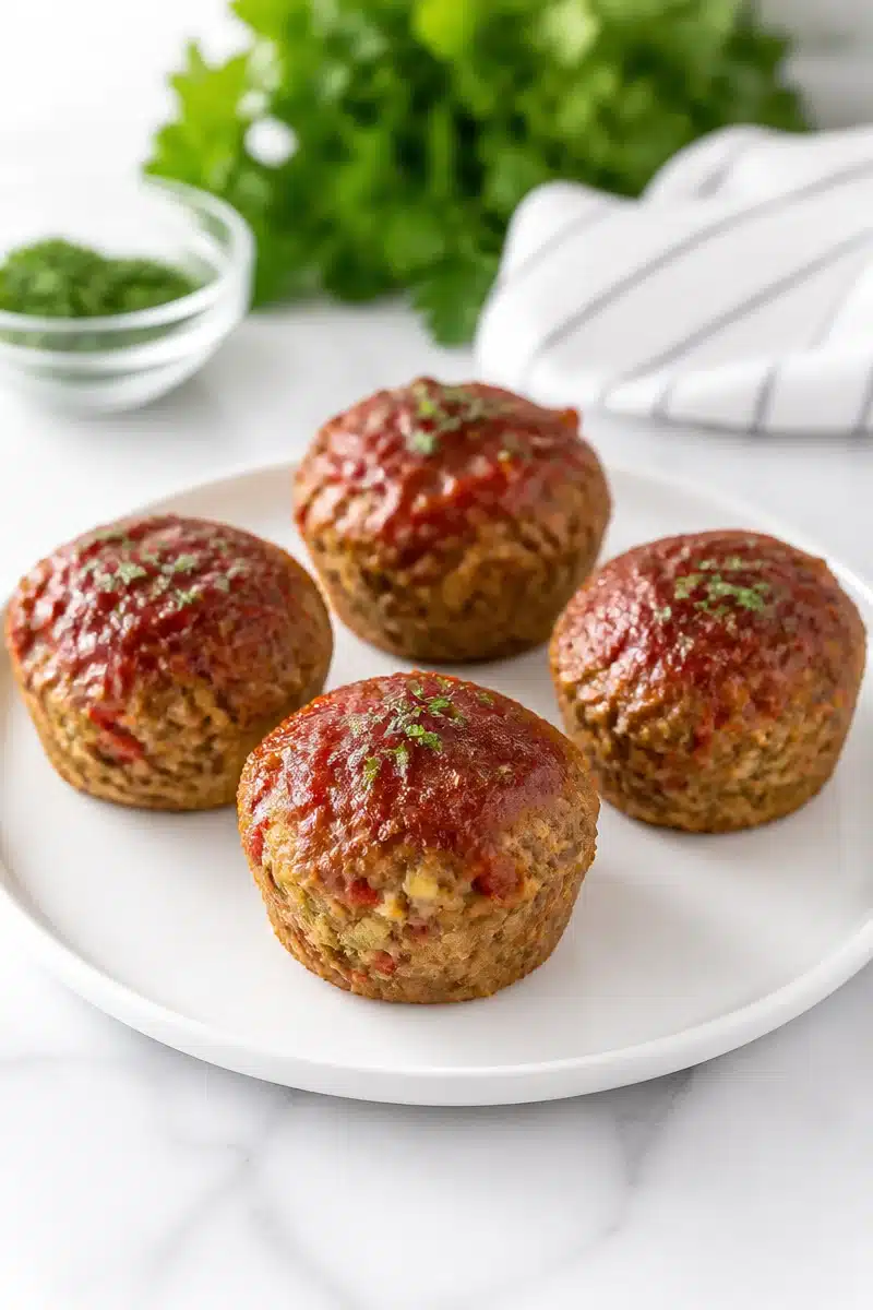 Healthy turkey meatloaf muffins served on a plate with fresh herbs