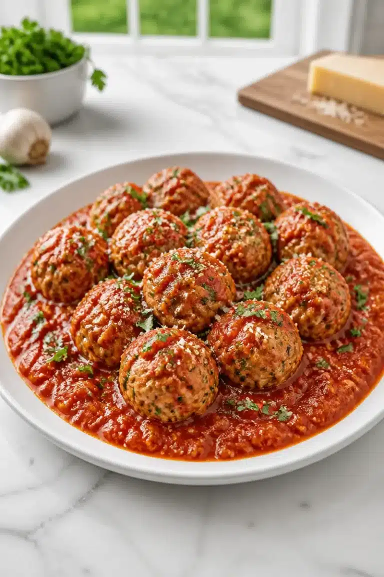 Homemade baked turkey meatballs served with marinara sauce on a plate