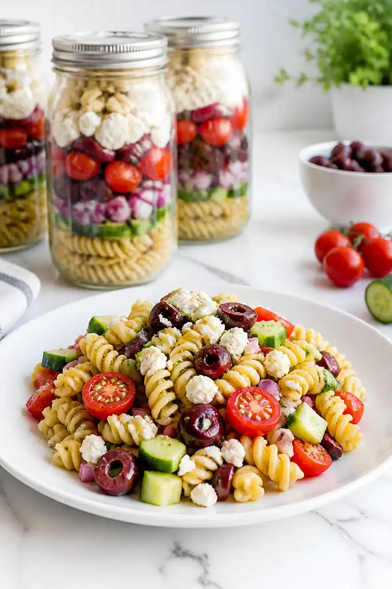 Mason Jar Greek Pasta Salad with fresh vegetables and feta cheese