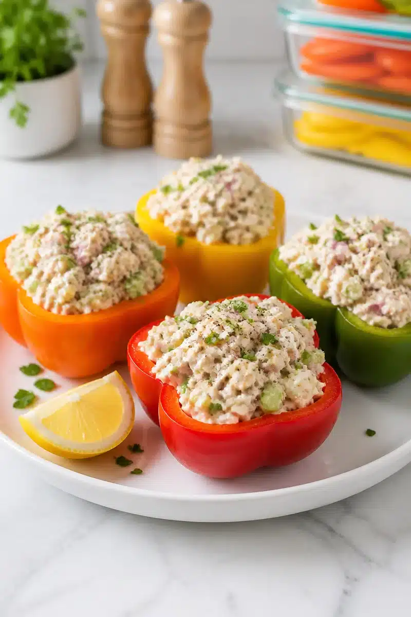 Meal prep tuna salad stuffed bell pepper for a healthy lunch option