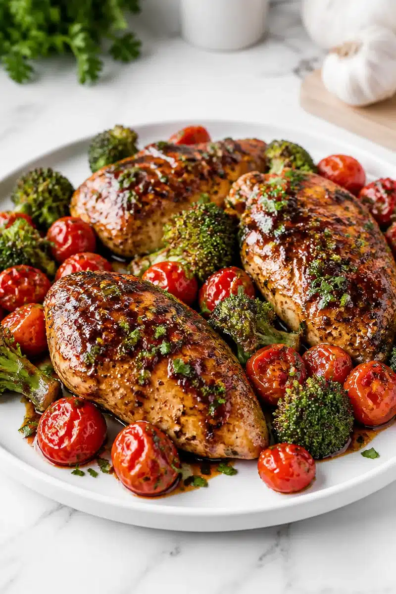 Delicious One Pan Honey Balsamic Glazed Chicken Breast ready to serve.