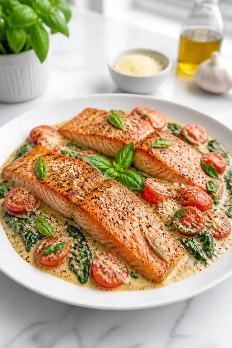 One Skillet Creamy Tuscan Salmon dish garnished with fresh herbs