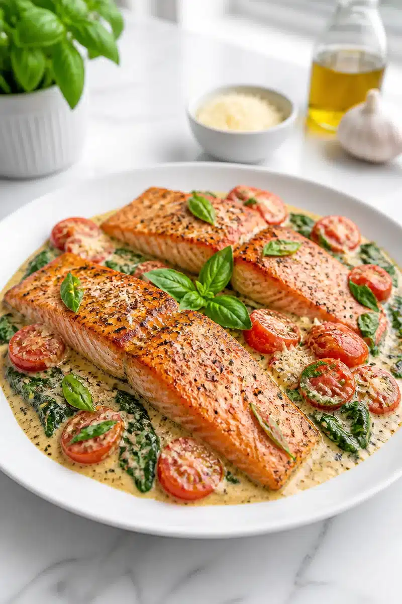 One Skillet Creamy Tuscan Salmon dish garnished with fresh herbs