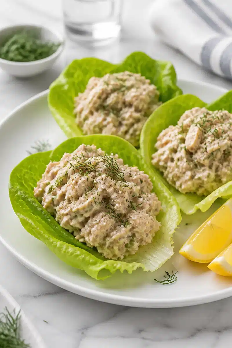 Quick Lemon Dill Tuna Salad served in lettuce wraps for a healthy meal