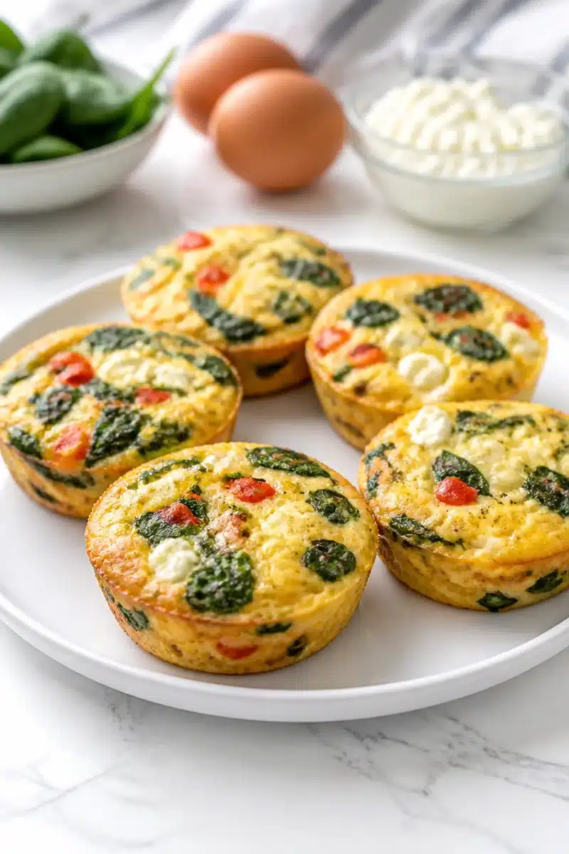 Quick spinach feta egg muffin on a plate, healthy breakfast option