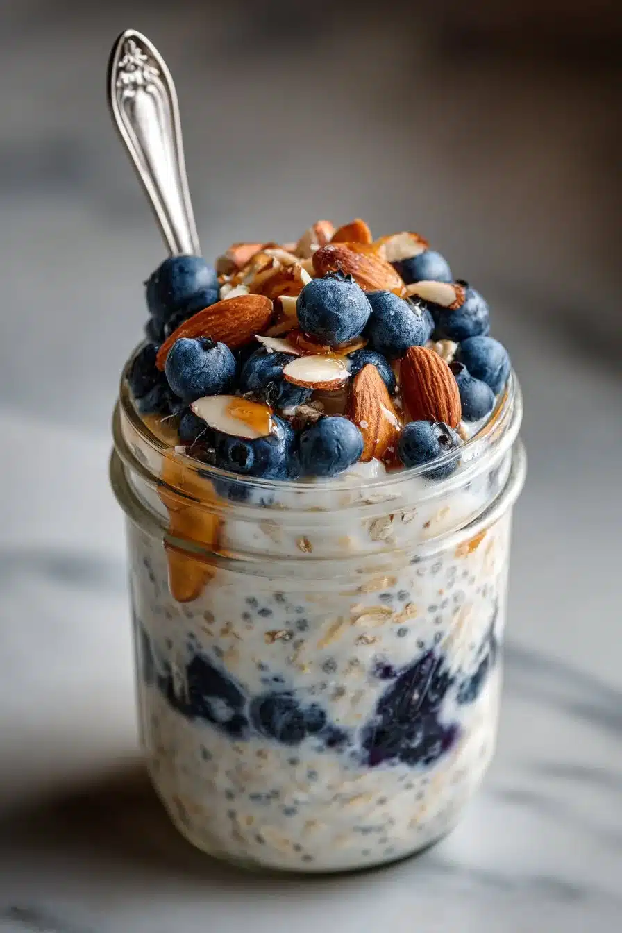 Bowl of quick vanilla almond blueberry overnight oats topped with fresh blueberries