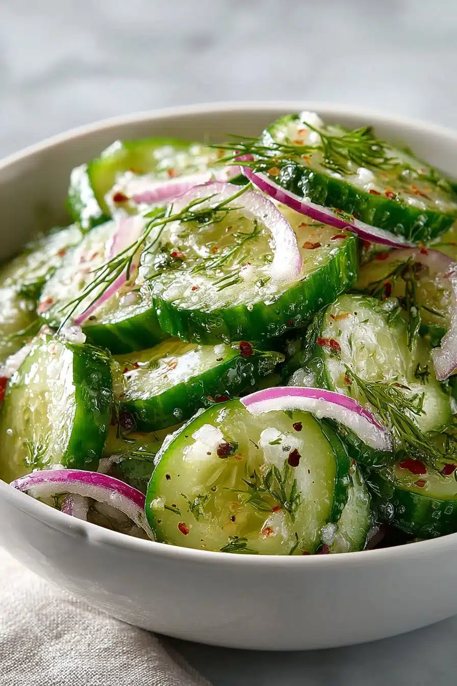 Refreshing summer vinegar cucumber salad with fresh ingredients