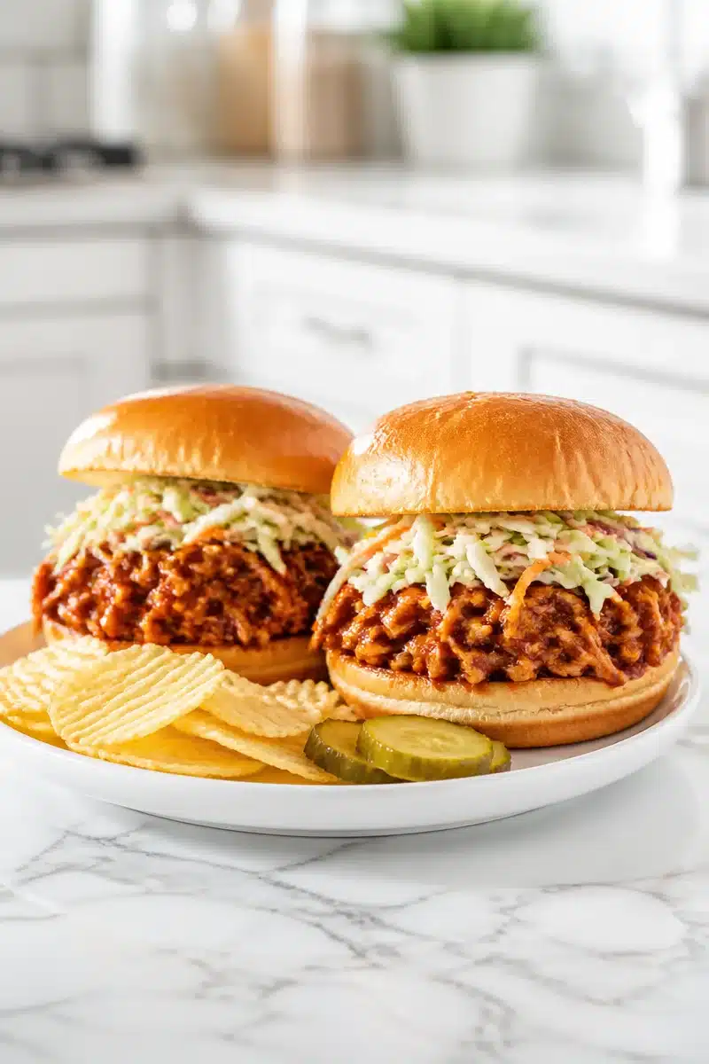 Slow Cooker BBQ Pulled Chicken Sandwiches served on a platter