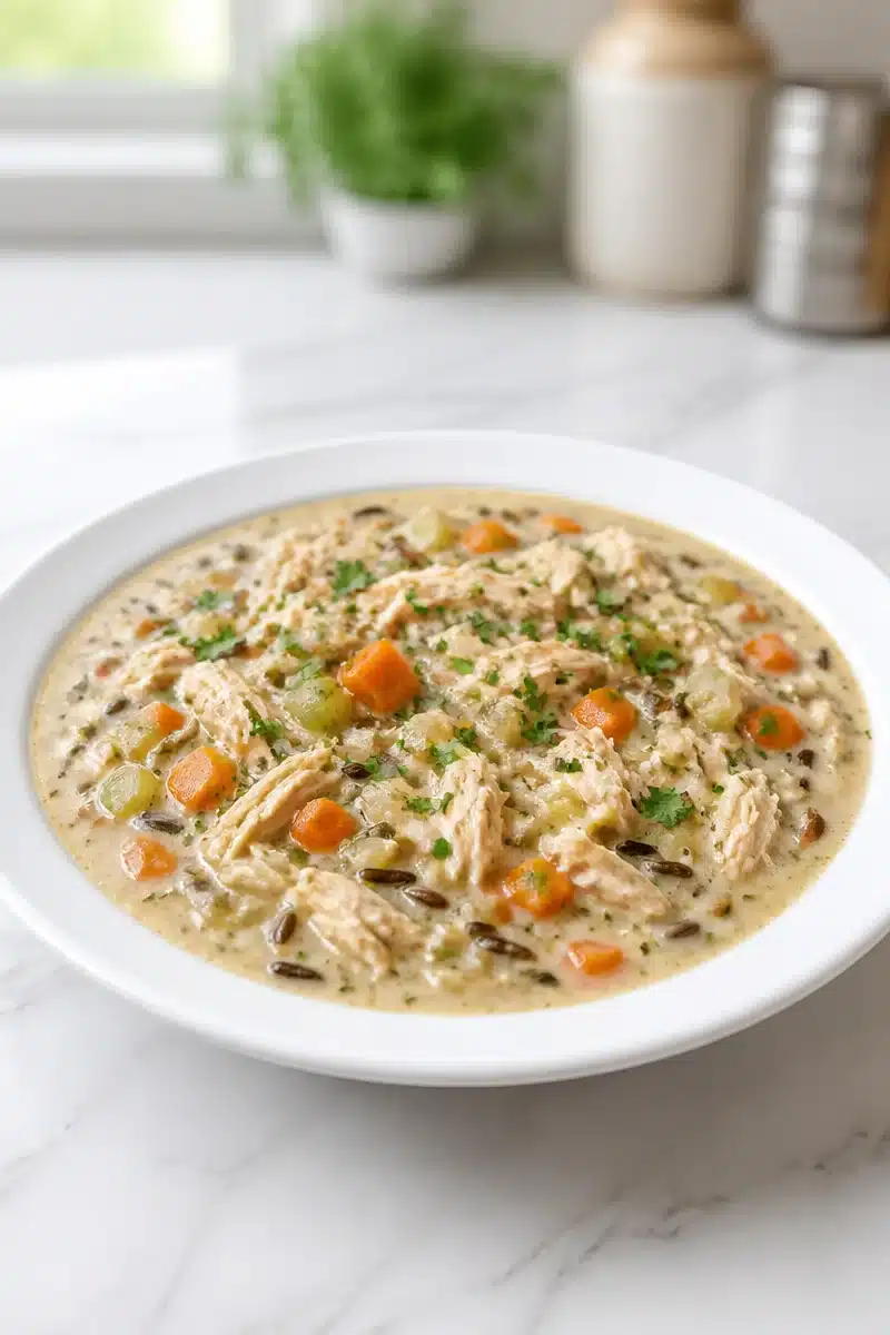Bowl of slow cooker creamy chicken and wild rice soup garnished with herbs.