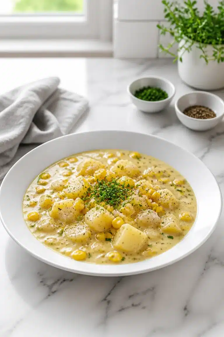 Bowl of slow cooker creamy potato corn chowder garnished with fresh herbs