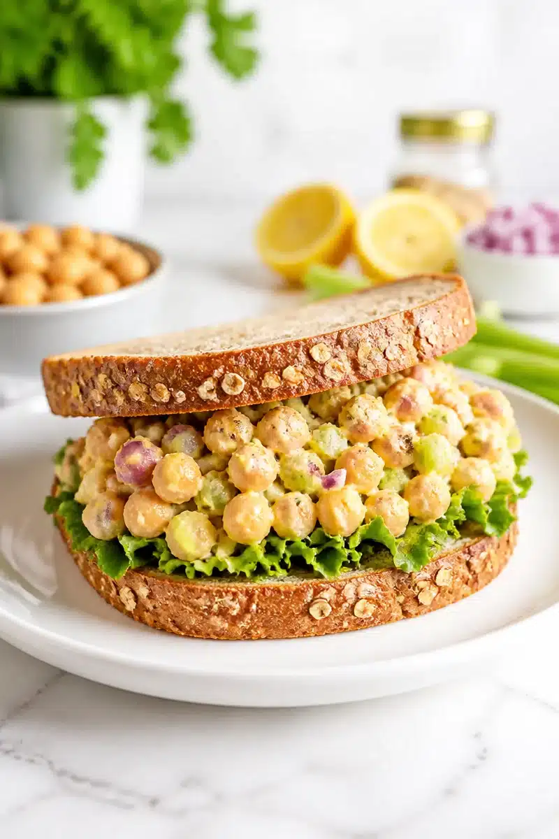 Vegan chickpea smash sandwich with fresh vegetables on whole grain bread