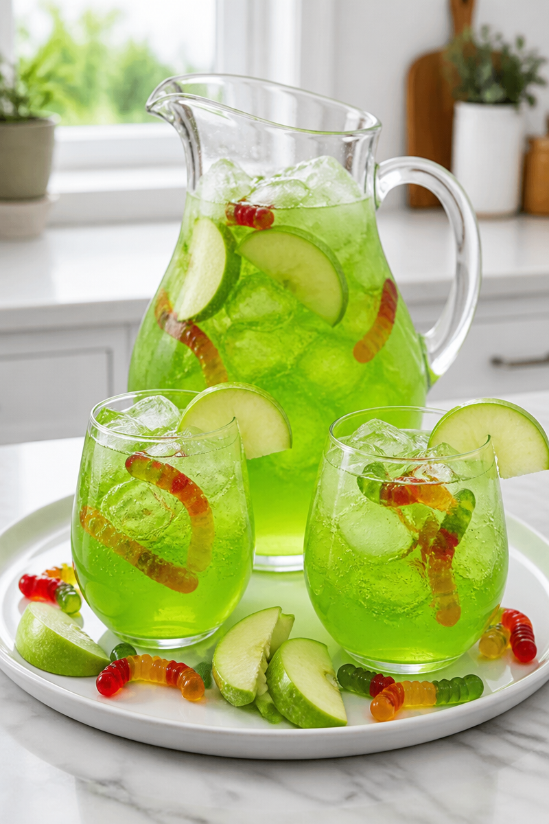 Alcohol Free Glowing Green Apple Halloween Punch Drink