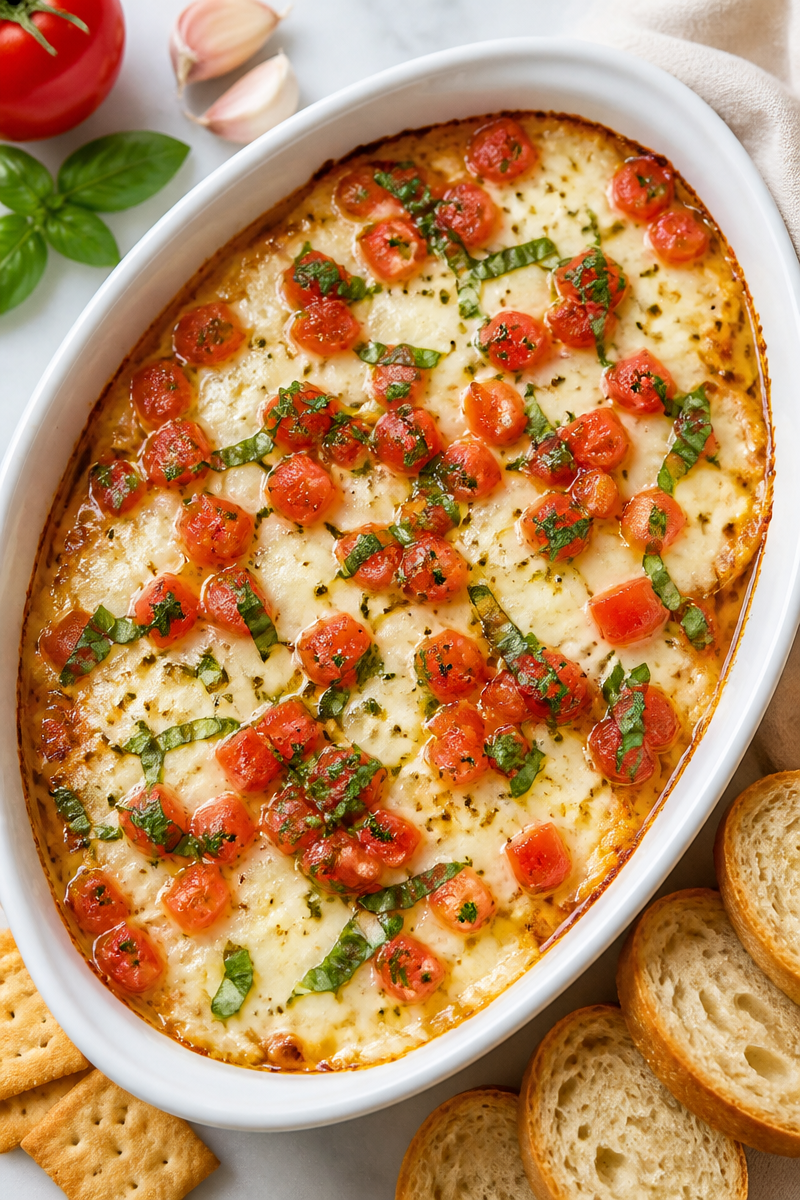 Baked Caprese Dip with Fresh Mozzarella and Basil Baked Caprese Dip with Fresh Mozzarella and Basil