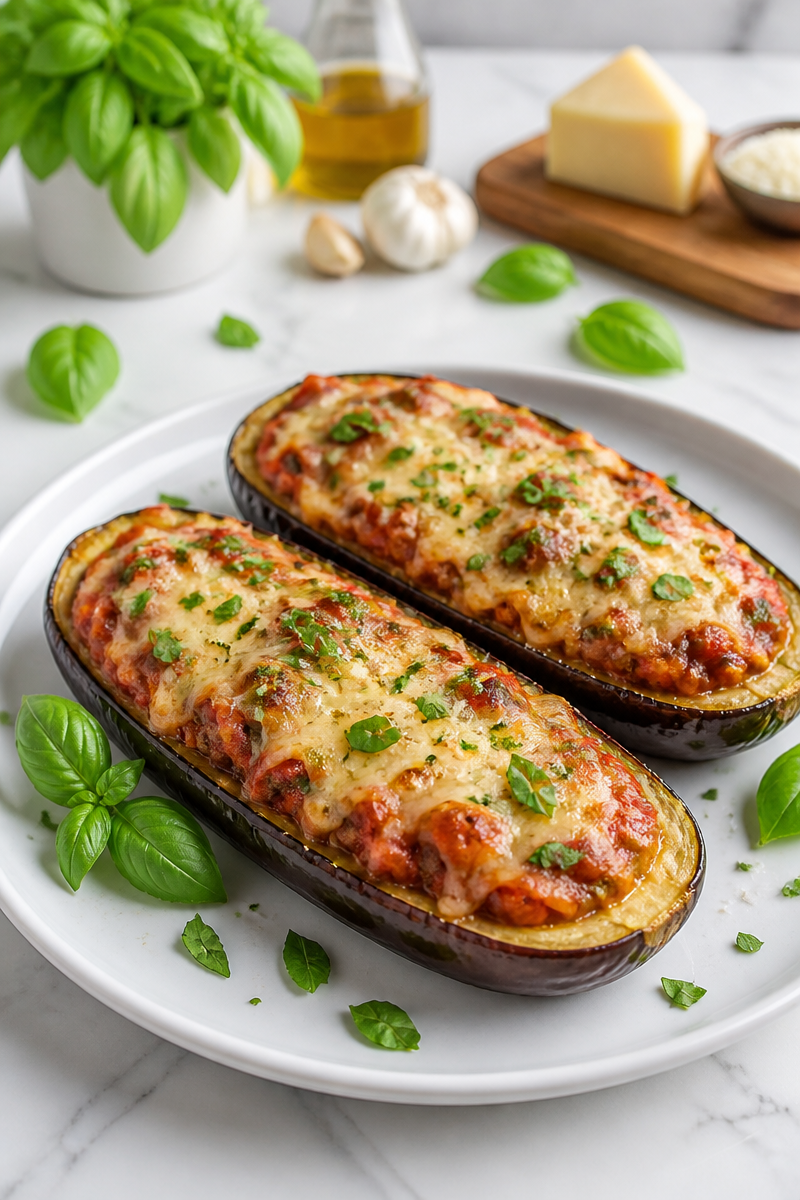 Baked Cheesy Vegetarian Eggplant Parmesan Boat