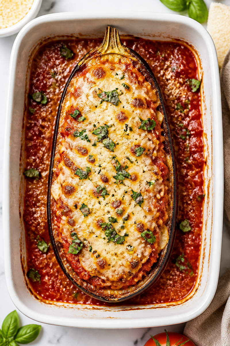 Baked Cheesy Vegetarian Eggplant Parmesan Boat