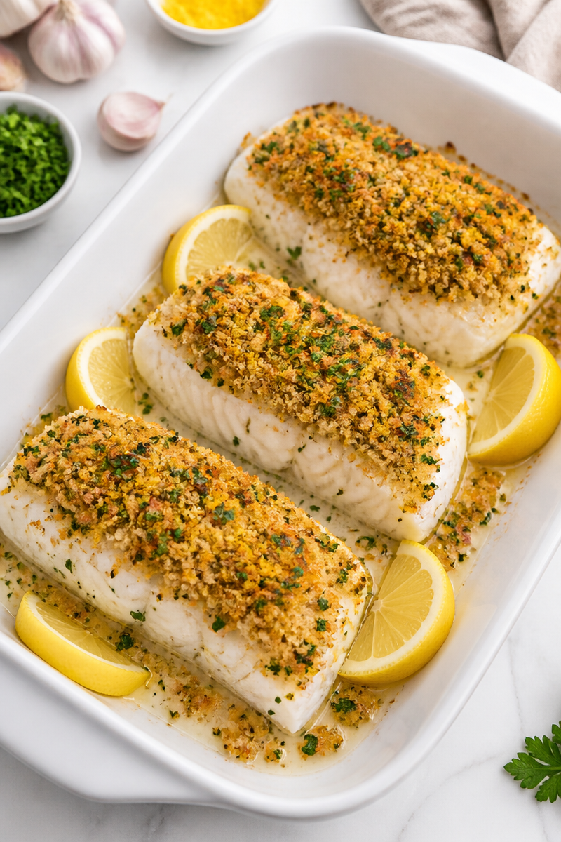 Baked Halibut with Garlic and Lemon Herb Crust Baked Halibut with Garlic and Lemon Herb Crust