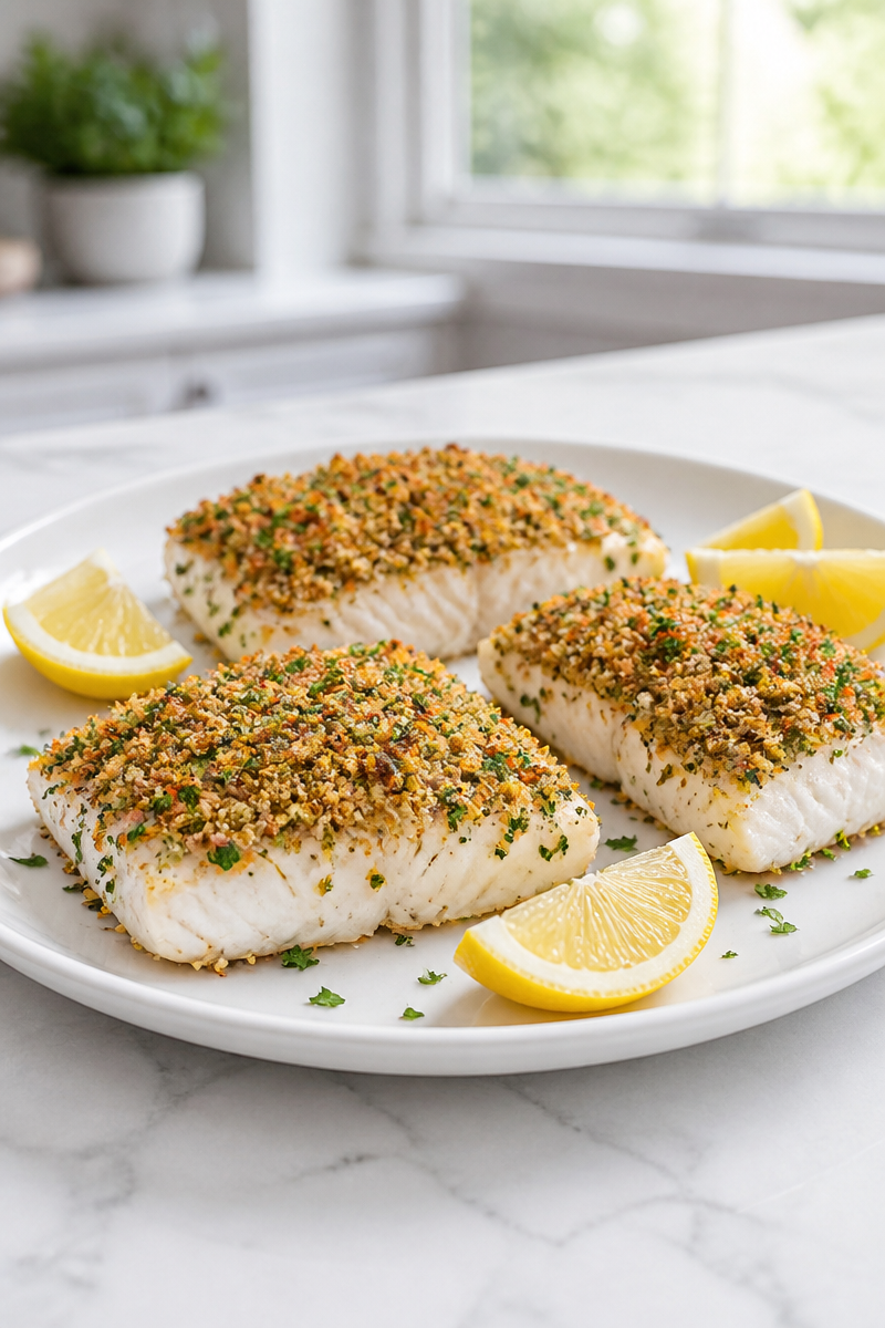 Baked Halibut with Garlic and Lemon Herb Crust Baked Halibut with Garlic and Lemon Herb Crust