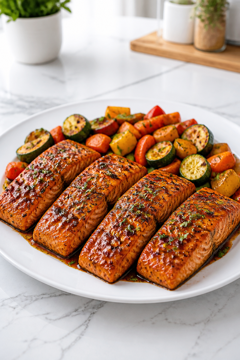 Brown Sugar Glazed Salmon with Roasted Vegetable Brown Sugar Glazed Salmon with Roasted Vegetable