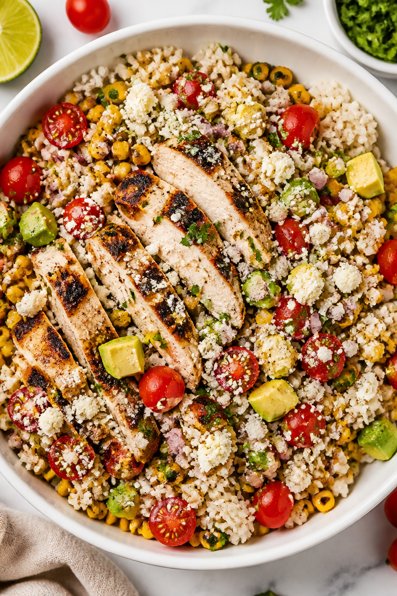 Charred Mexican Street Corn Chicken Rice Bowl