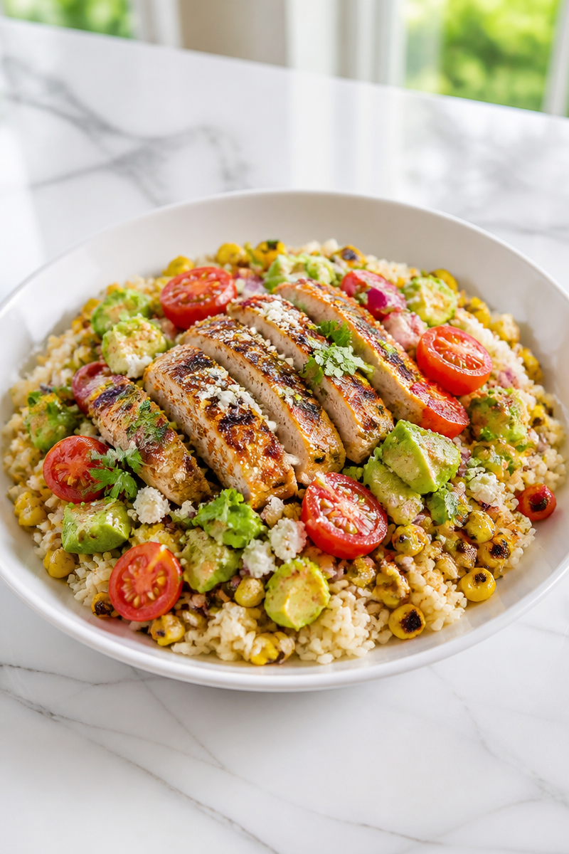 Charred Mexican Street Corn Chicken Rice Bowl