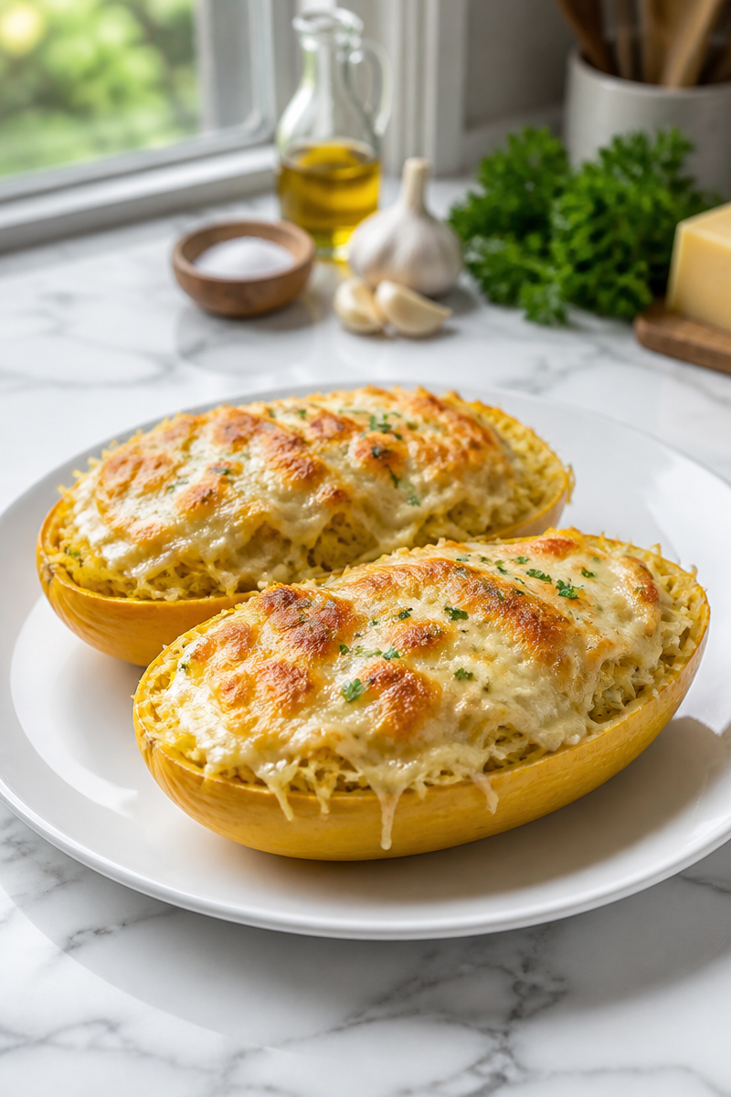 Cheesy Baked Alfredo Spaghetti Squash Recipe