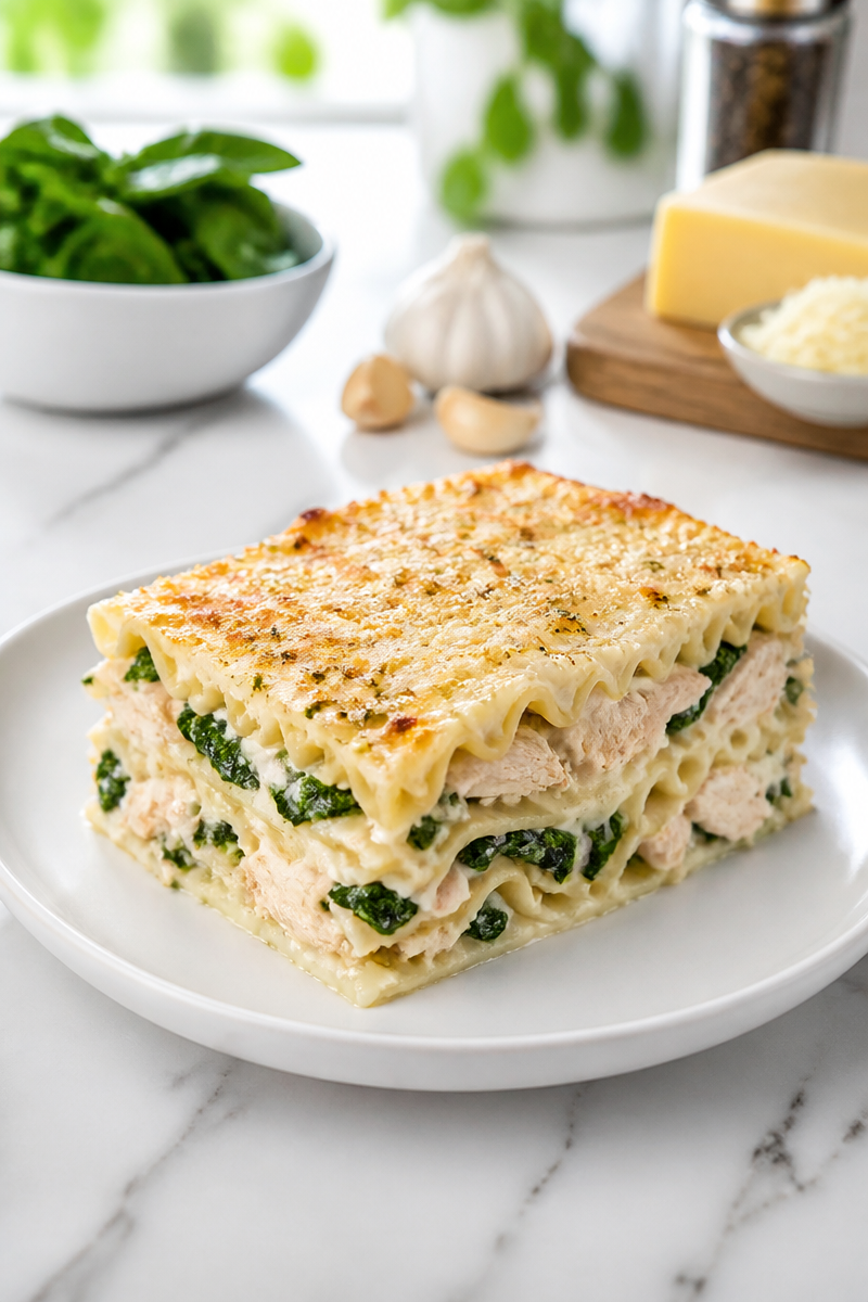 Chicken Alfredo Lasagna with Spinach and Garlic
