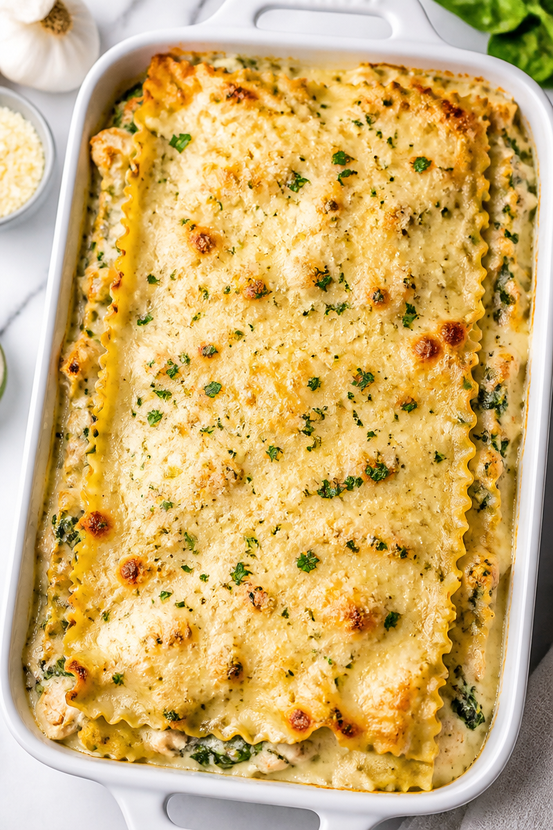 Chicken Alfredo Lasagna with Spinach and Garlic