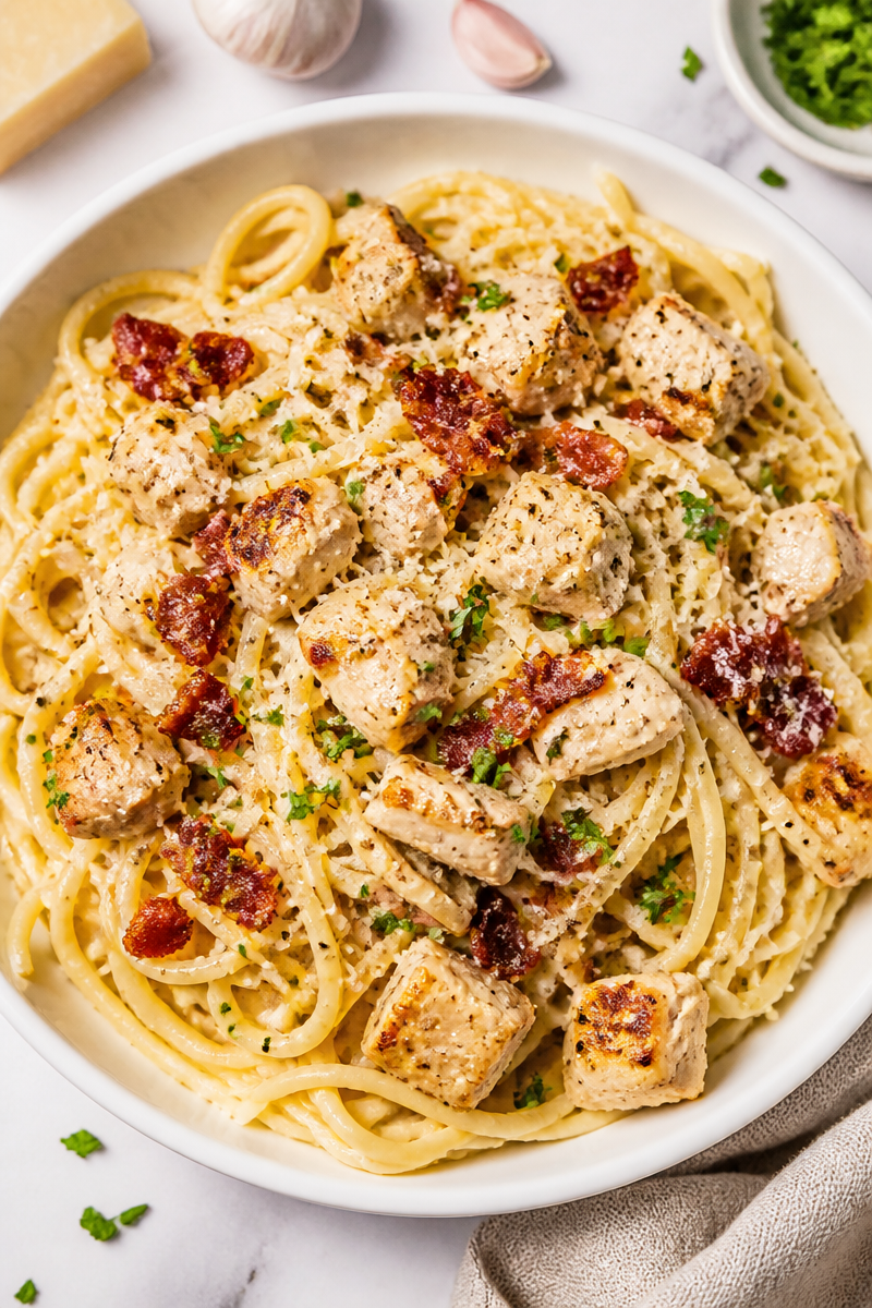 Chicken Carbonara with Crispy Bacon and Parmesan Chicken Carbonara with Crispy Bacon and Parmesan