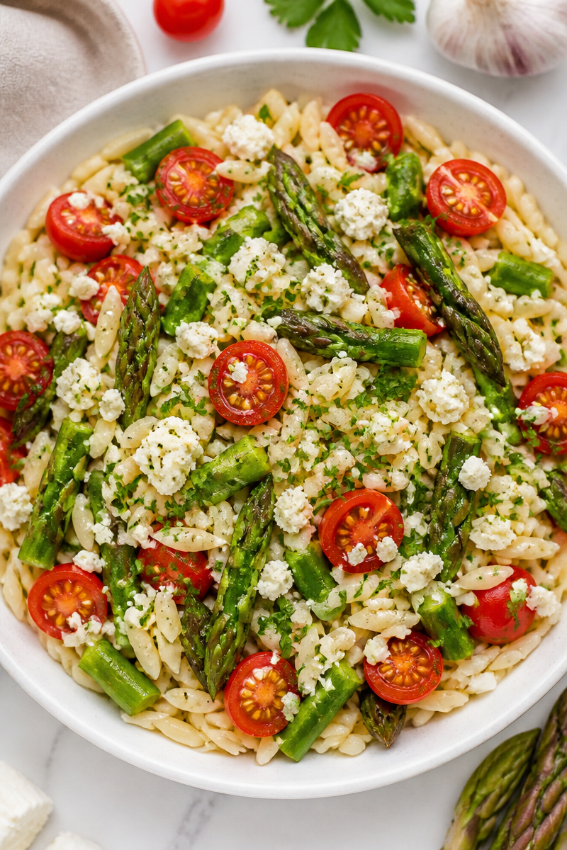 Chilled Asparagus and Orzo Salad with Feta Cheese