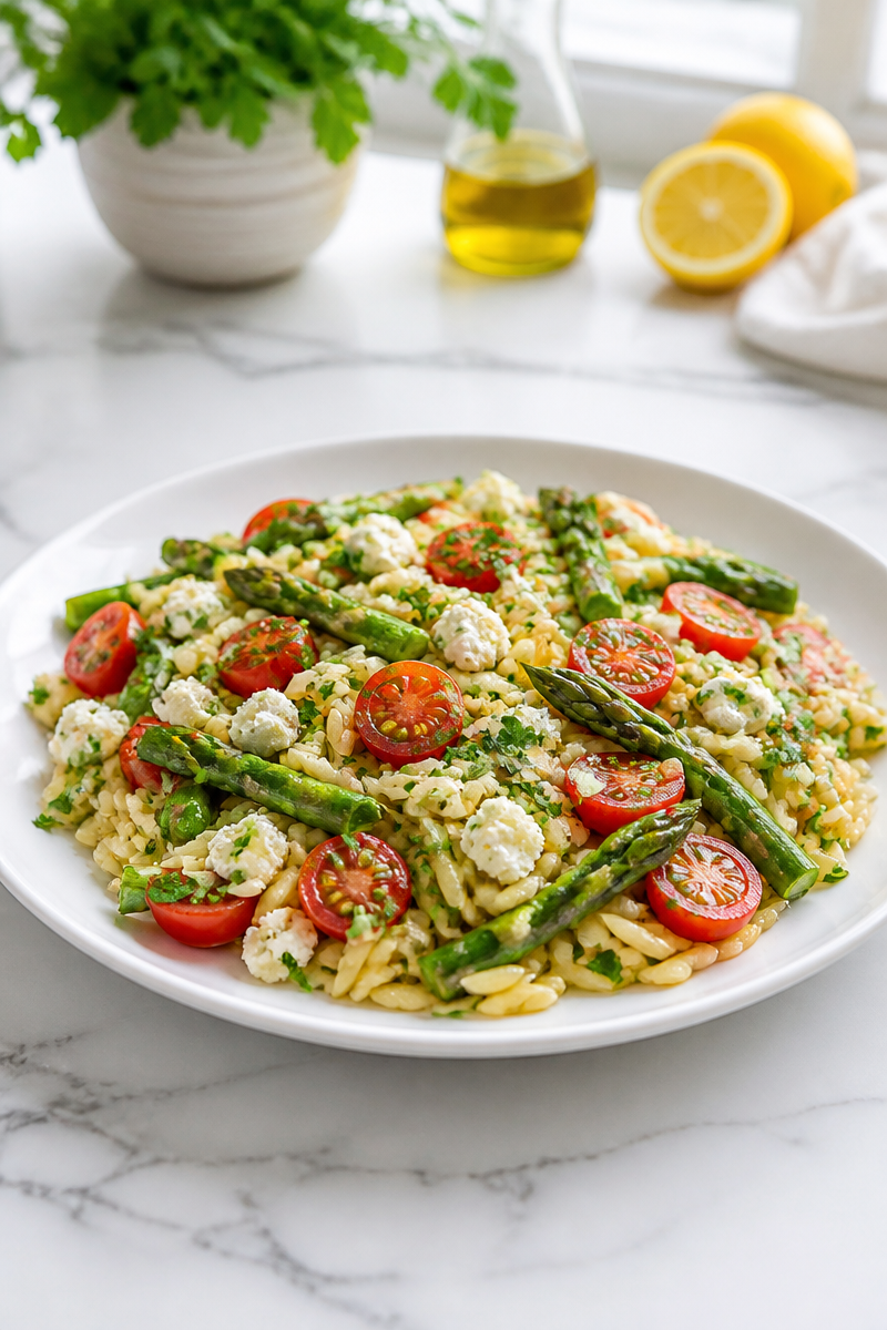 Chilled Asparagus and Orzo Salad with Feta Cheese