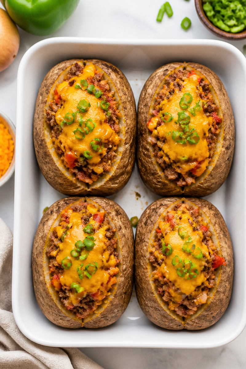 Classic Beef Sloppy Joe Stuffed Baked Potatoes