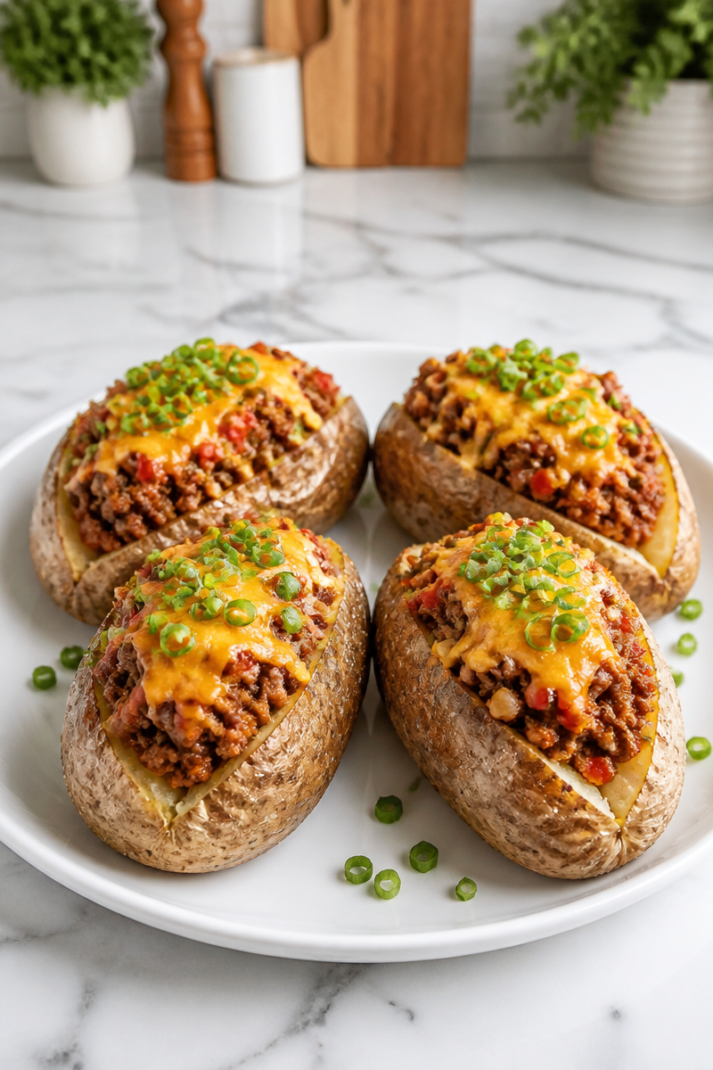 Classic Beef Sloppy Joe Stuffed Baked Potatoes