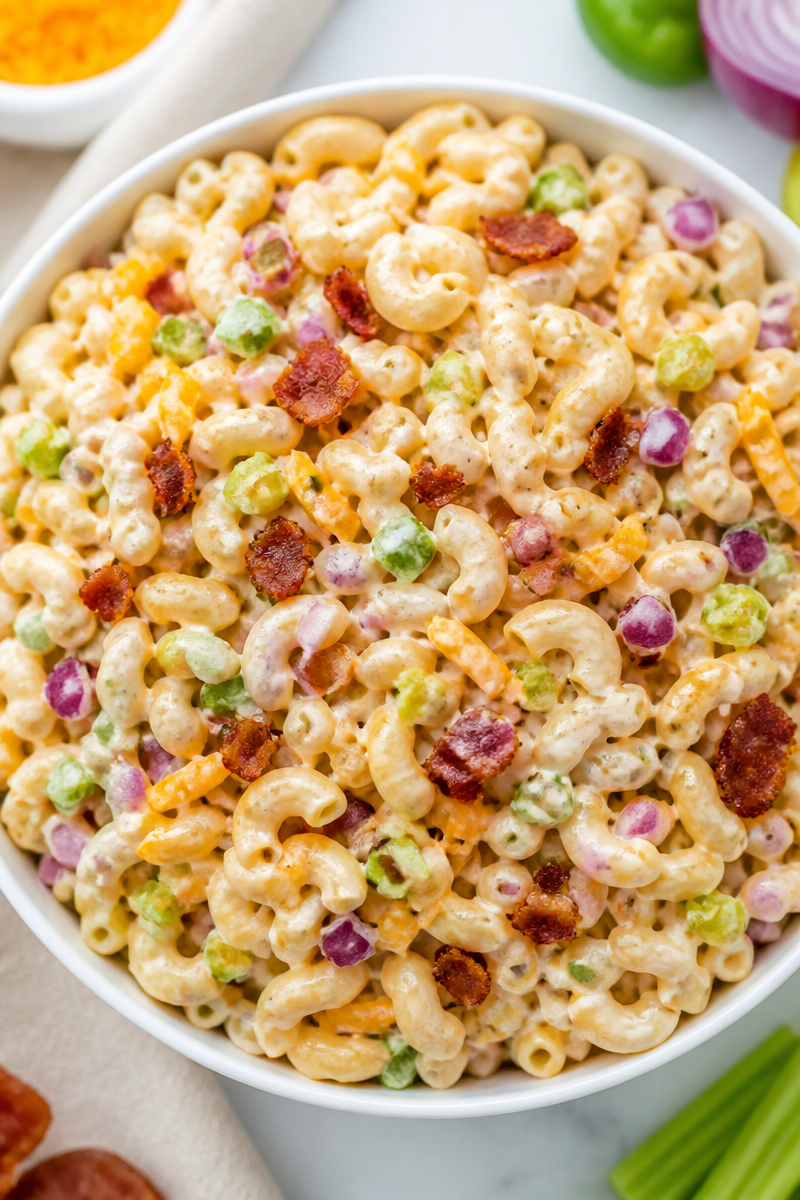 Classic Creamy Macaroni Salad with Bacon and Cheddar