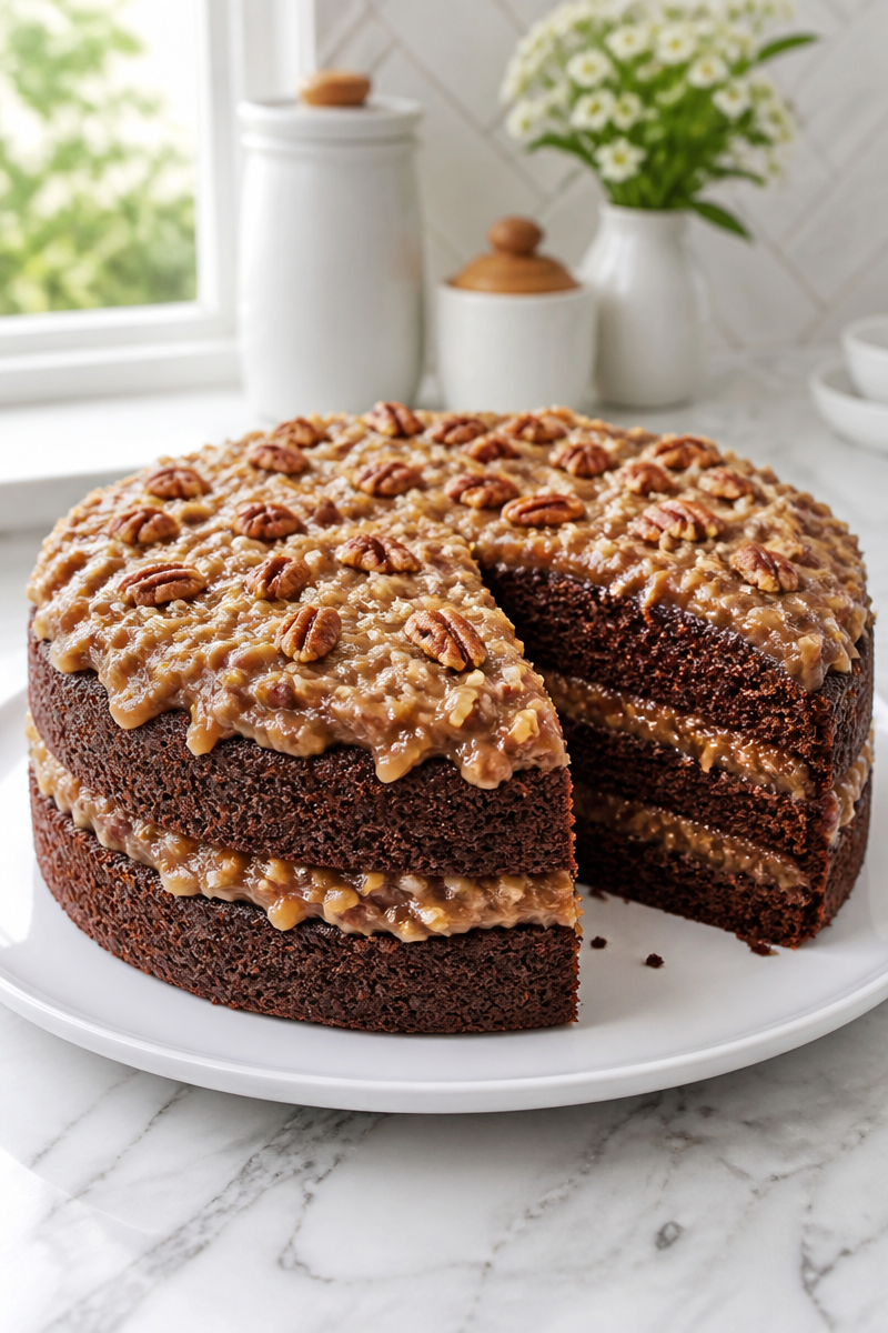 Classic Decadent Coconut Pecan German Chocolate Cake