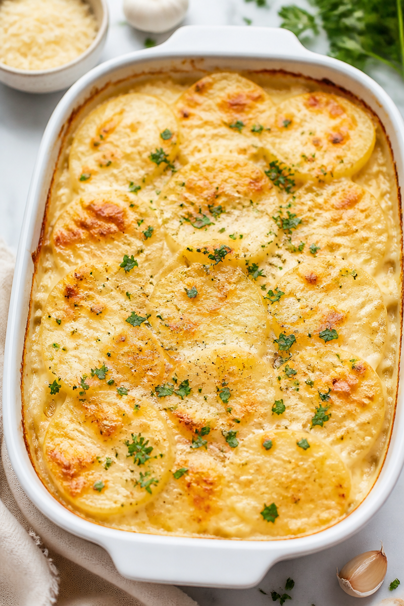 Creamy Garlic Parmesan Scalloped Potato Side