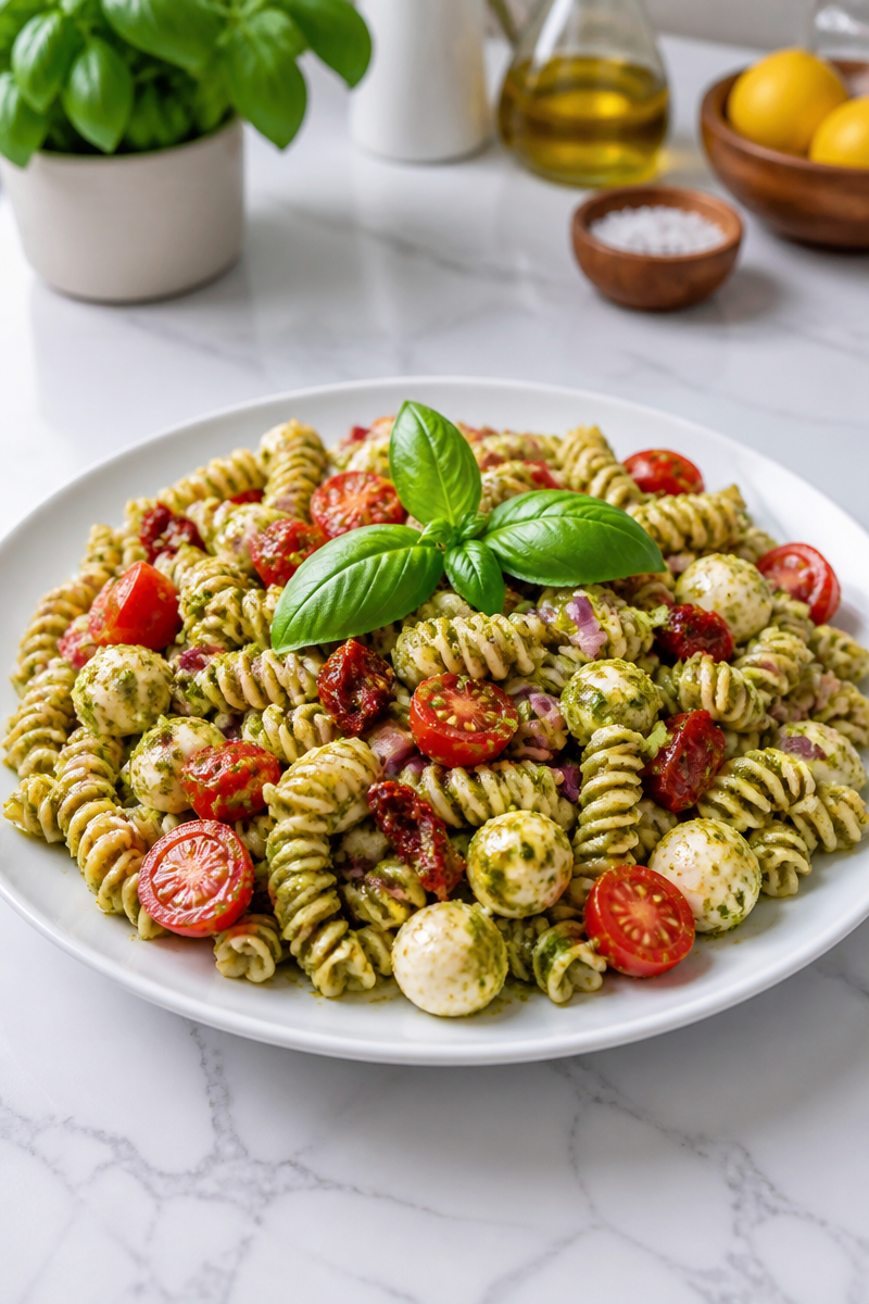 Creamy Pesto Pasta Salad with Sun-Dried Tomato Creamy Pesto Pasta Salad with Sun-Dried Tomato