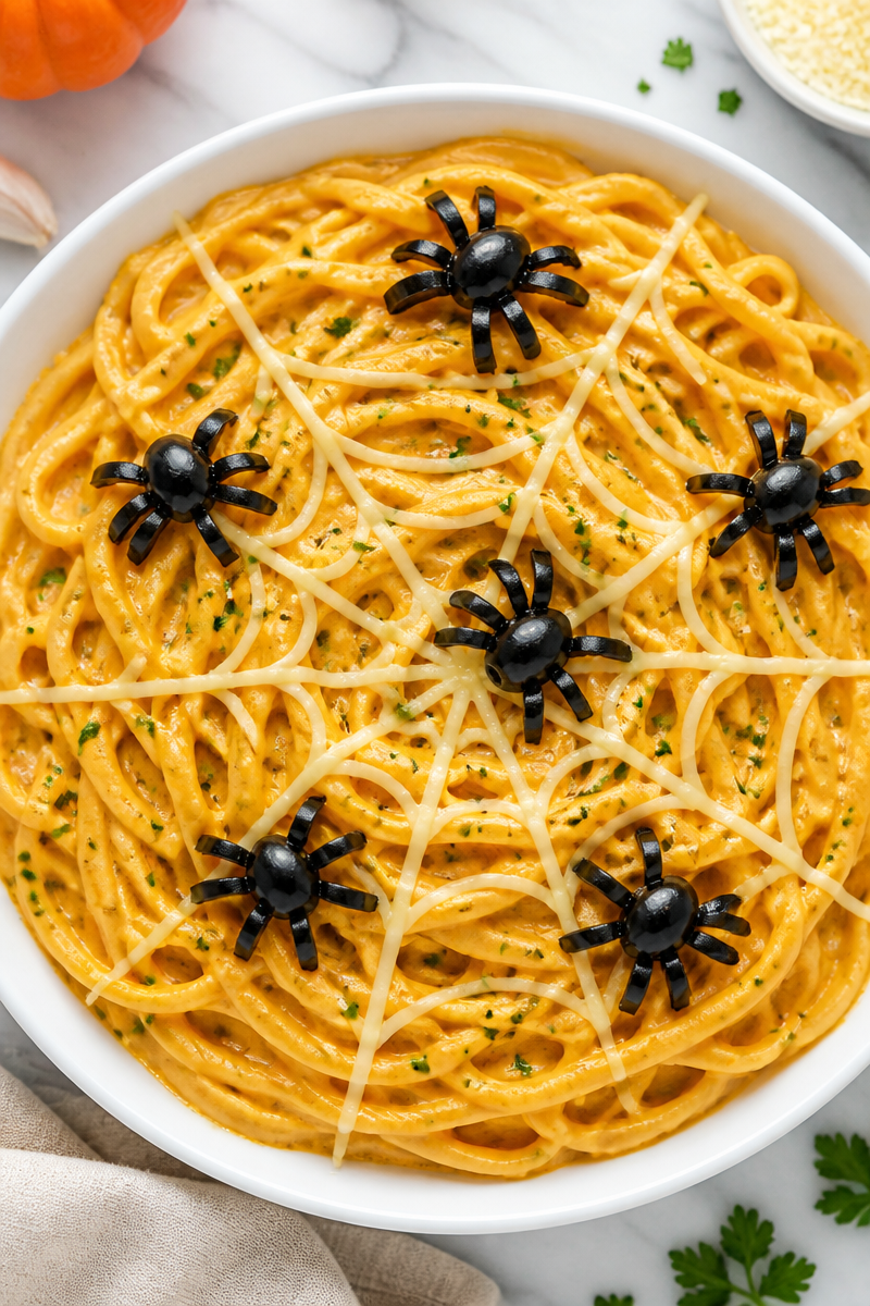 Creamy Pumpkin Alfredo Spider Web Pasta Creamy Pumpkin Alfredo Spider Web Pasta