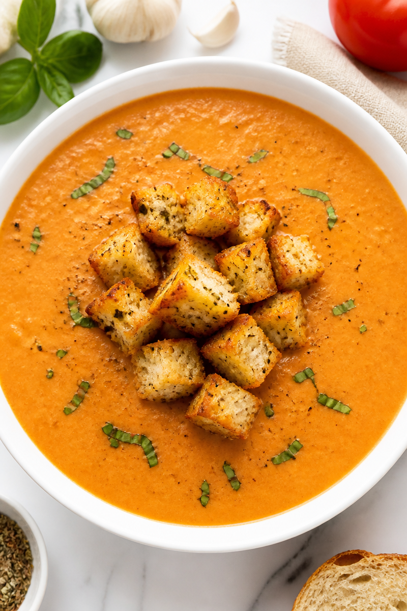 Creamy Roasted Tomato and Basil Soup with Garlic Croutons
