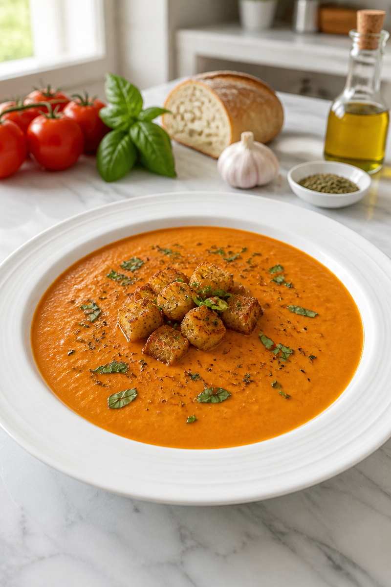 Creamy Roasted Tomato and Basil Soup with Garlic Croutons
