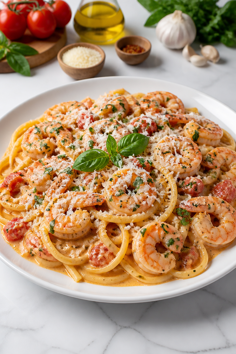 Creamy Tomato Basil And Garlic Shrimp Pasta Recipe