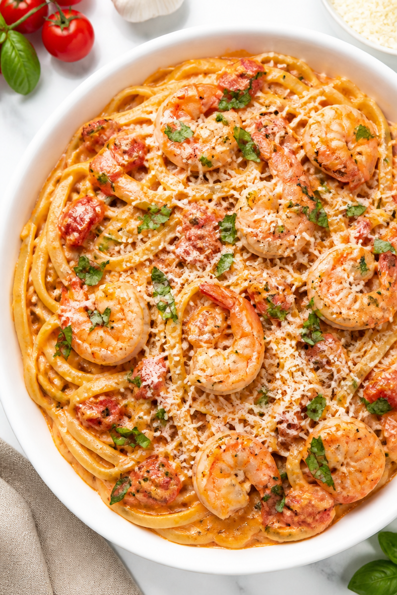 Creamy Tomato Basil And Garlic Shrimp Pasta Recipe