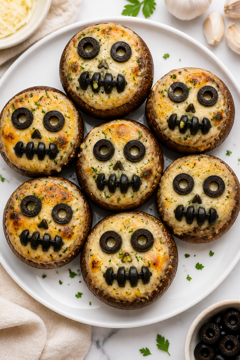 Creepy Cheese Stuffed Skull Mushroom Halloween Food Idea