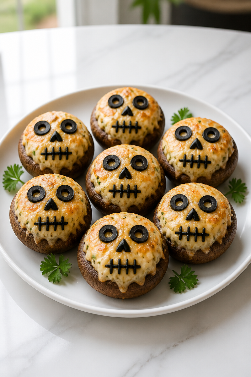 Creepy Cheese Stuffed Skull Mushroom Halloween Food Idea